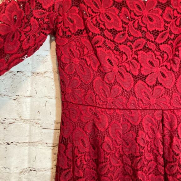 MissMay Dress Womens Small Red All Over Lace Overlay Off The Shoulder Midi Lined - Picture 10 of 15